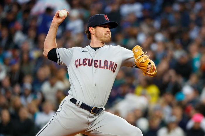 Mar 30, 2023; Seattle, Washington, USA; Cleveland Guardians starting pitcher Shane Bieber (57) throws against the Seattle Mariners during the first inning at T-Mobile Park.